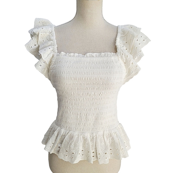 House of Harlow 1960 Tops - House of Harlow 1960 Smocked Ruffle Peplum Eyelet‎ Lace Puff Sleeve Blouse
